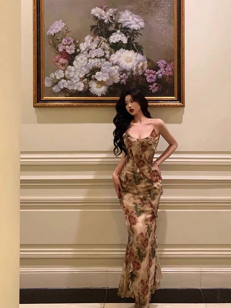 Stunning Mermaid Spaghetti Straps Floral Ruffles Long Prom Dresses Birthday Outfit