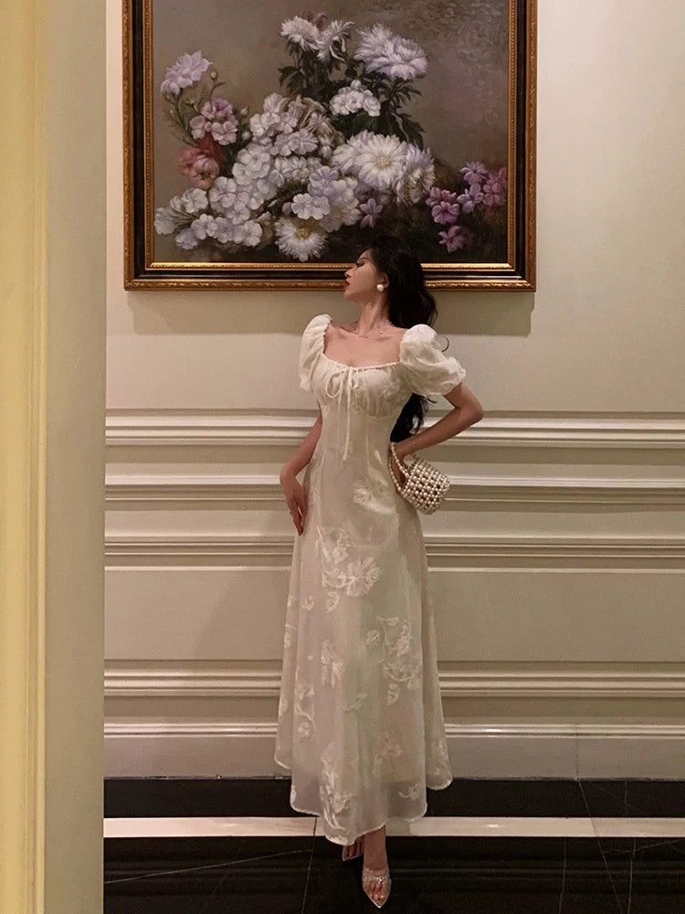 French A-Line Square Neckline Short Sleeves Floral Lace Prom Dresses Birthday Outfit - View 2 | FashionDia