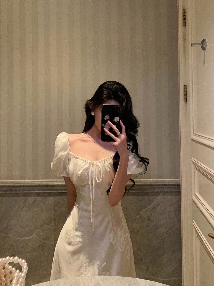 French A-Line Square Neckline Short Sleeves Floral Lace Prom Dresses Birthday Outfit - View 4 | FashionDia