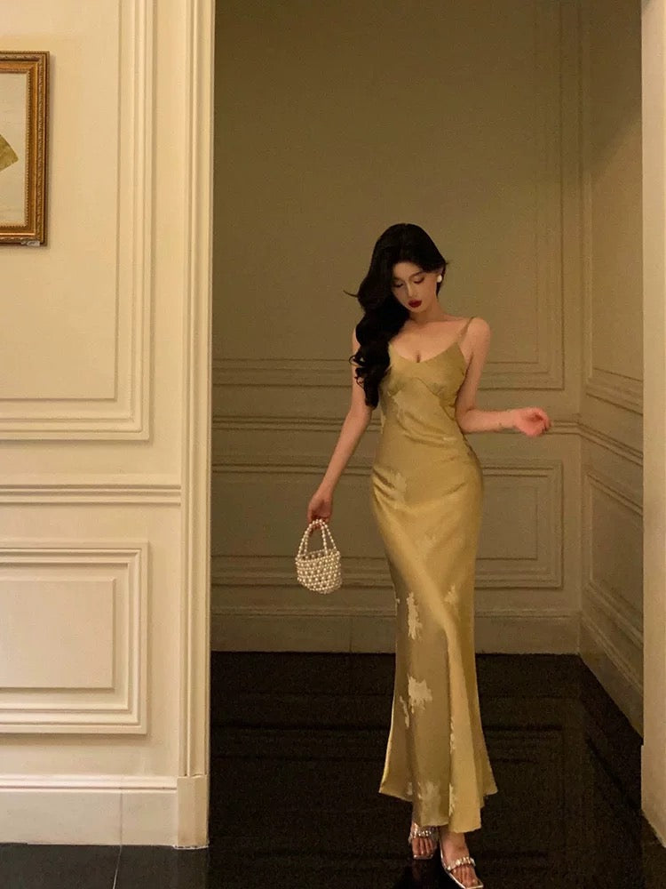 Stunning Mermaid Spaghetti Straps Floral Gold Long Prom Dresses Birthday Outfit