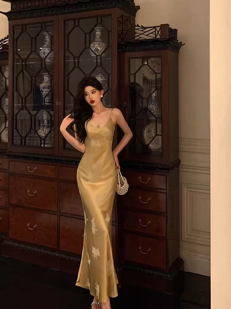 Stunning Mermaid Spaghetti Straps Floral Gold Long Prom Dresses Birthday Outfit - View 3 | FashionDia