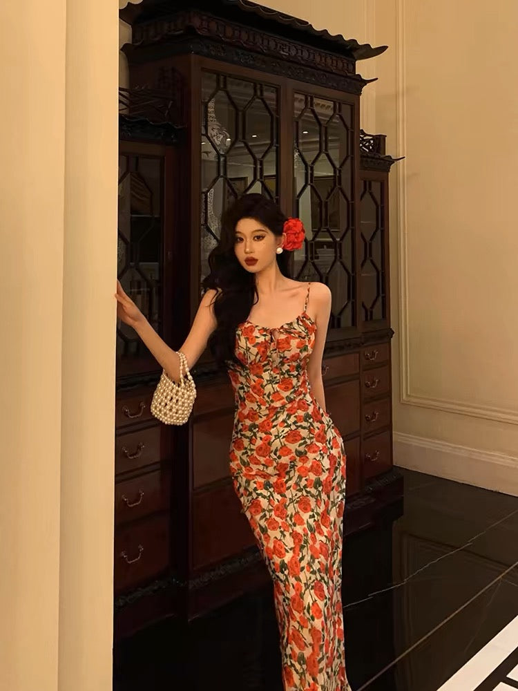 French Sheath Spaghetti Straps Floral Prom Dresses Birthday Outfits Evening Gown - FashionDia