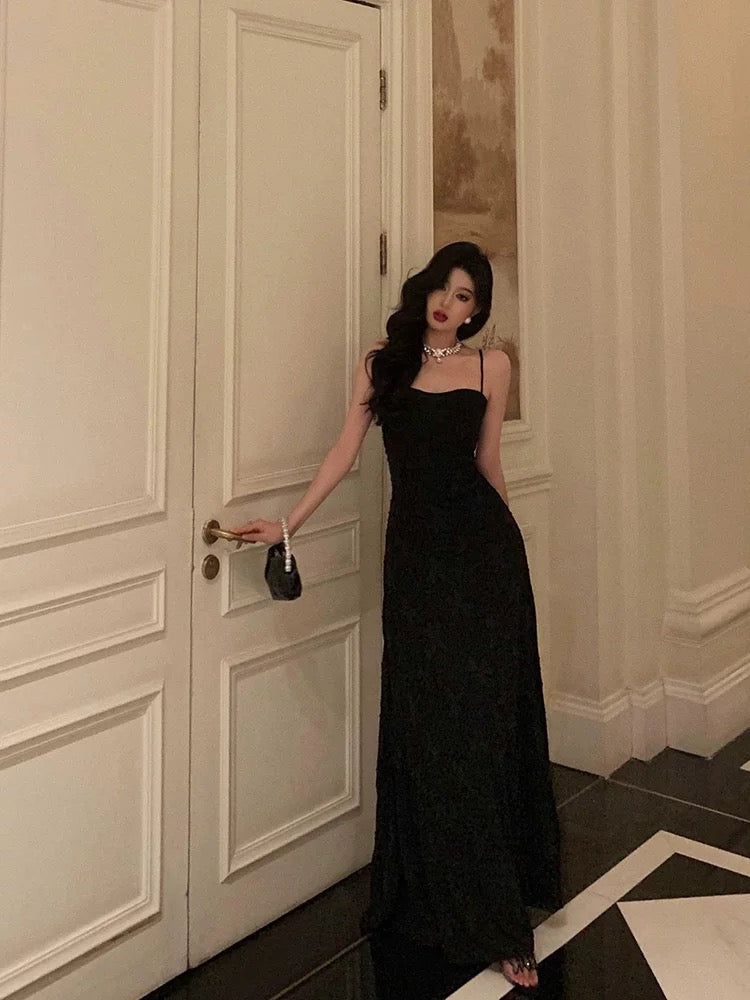 French A line Spaghetti Straps Black Long Lace Prom Dresses Birthday Outfits Evening Gown