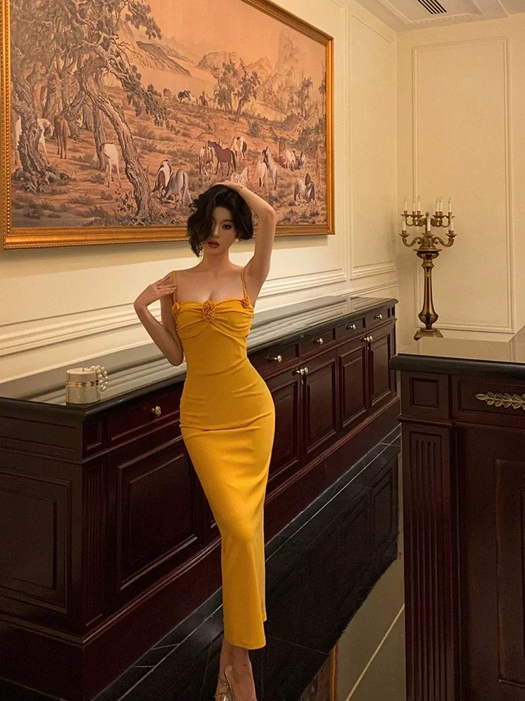 French Sheath Spaghetti Straps Yellow Flower Prom Dresses Birthday Outfits Evening Gown