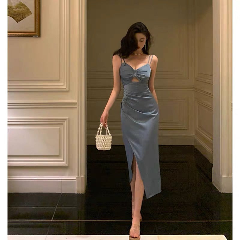 Stunning Sheath Spaghetti Straps Dusty Blue Date Night Dress Prom Dresses Birthday Outfit