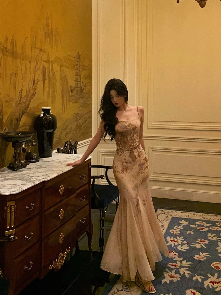 Stunning Mermaid Spaghetti Straps Champagne Floral Date Night Dress Prom Dresses Birthday Outfit - View 2 | FashionDia