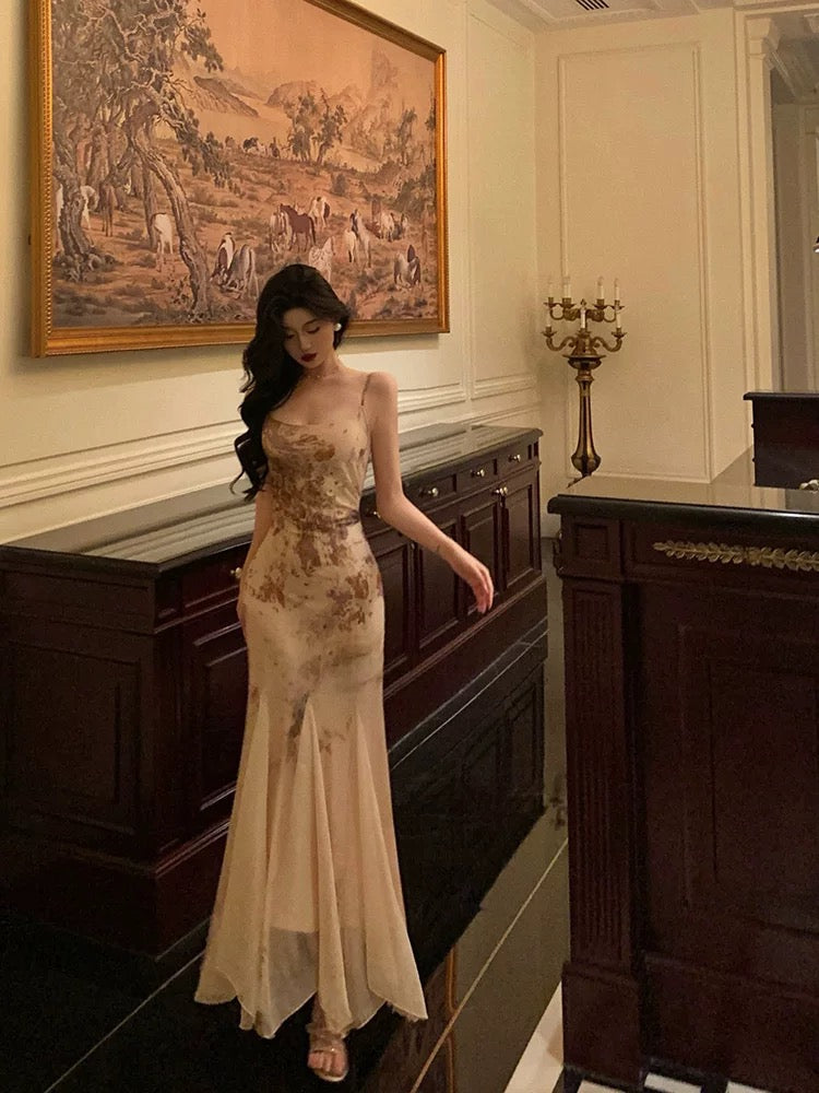 Stunning Mermaid Spaghetti Straps Champagne Floral Date Night Dress Prom Dresses Birthday Outfit - View 5 | FashionDia
