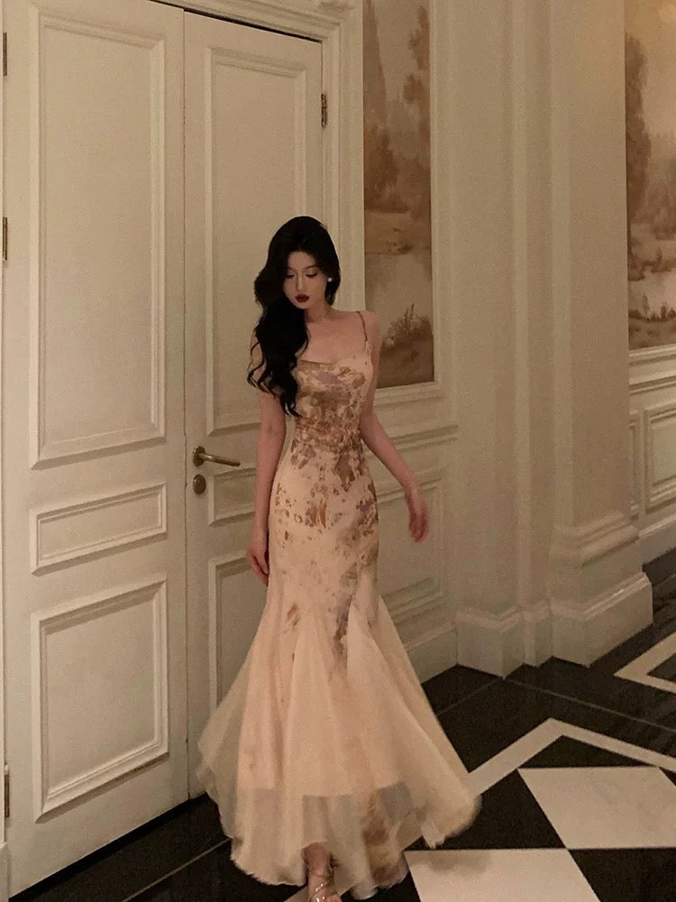 Stunning Mermaid Spaghetti Straps Champagne Floral Date Night Dress Prom Dresses Birthday Outfit - View 4 | FashionDia