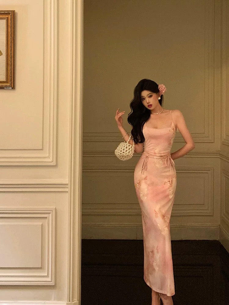 Stunning Sheath Spaghetti Straps Pink Floral Date Night Dress Prom Dresses Birthday Outfit