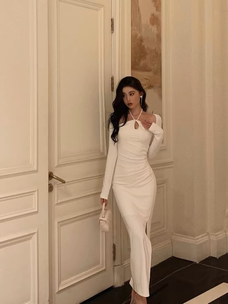 Stunning Sheath Halter Neckline Long Sleeves Date Night Dress White Prom Dresses Birthday Outfit