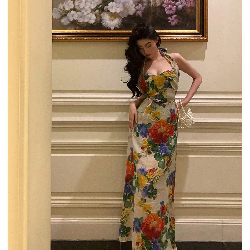 Pretty A Line Halter Floral Long Prom Dresses Birthday Outfits Evening Gown