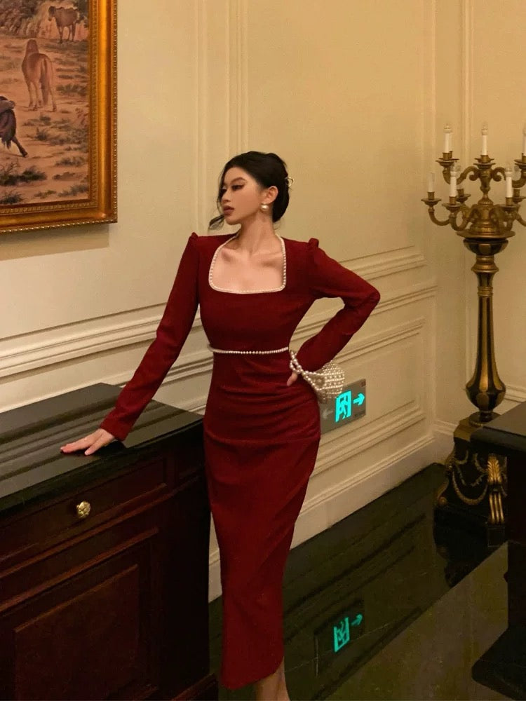 Stunning Sheath Square Neckline Long Sleeves Date Night Dress Red Prom Dresses Birthday Outfit