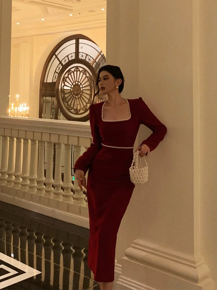 Stunning Sheath Square Neckline Long Sleeves Date Night Dress Red Prom Dresses Birthday Outfit