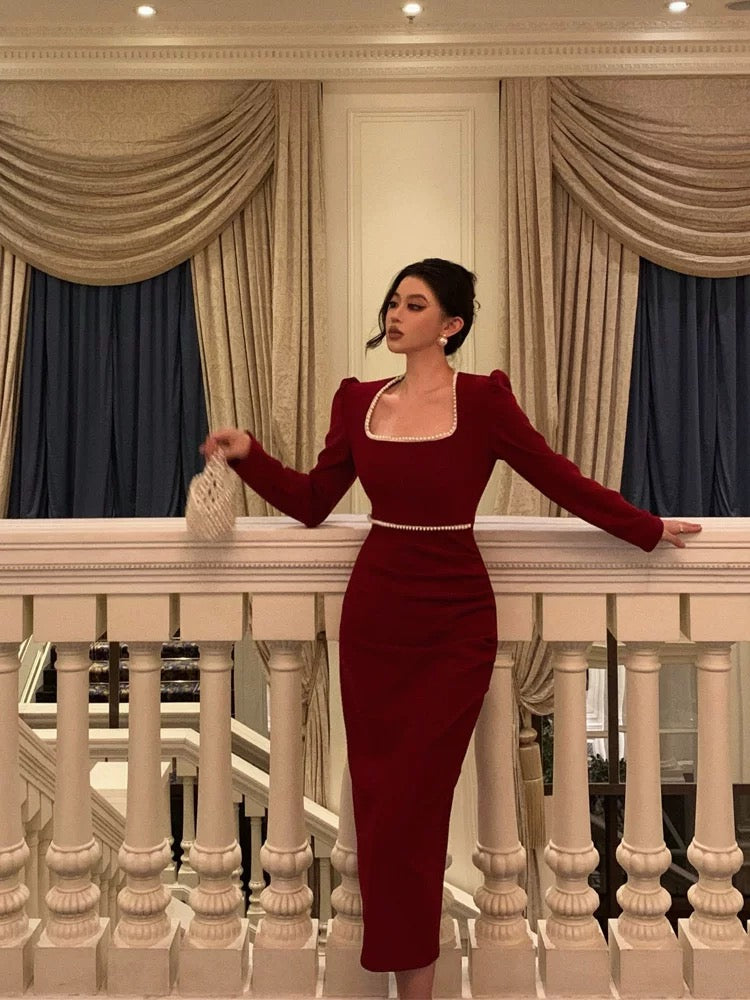 Stunning Sheath Square Neckline Long Sleeves Date Night Dress Red Prom Dresses Birthday Outfit