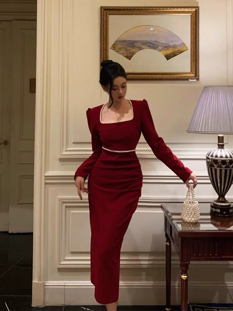 Stunning Sheath Square Neckline Long Sleeves Date Night Dress Red Prom Dresses Birthday Outfit