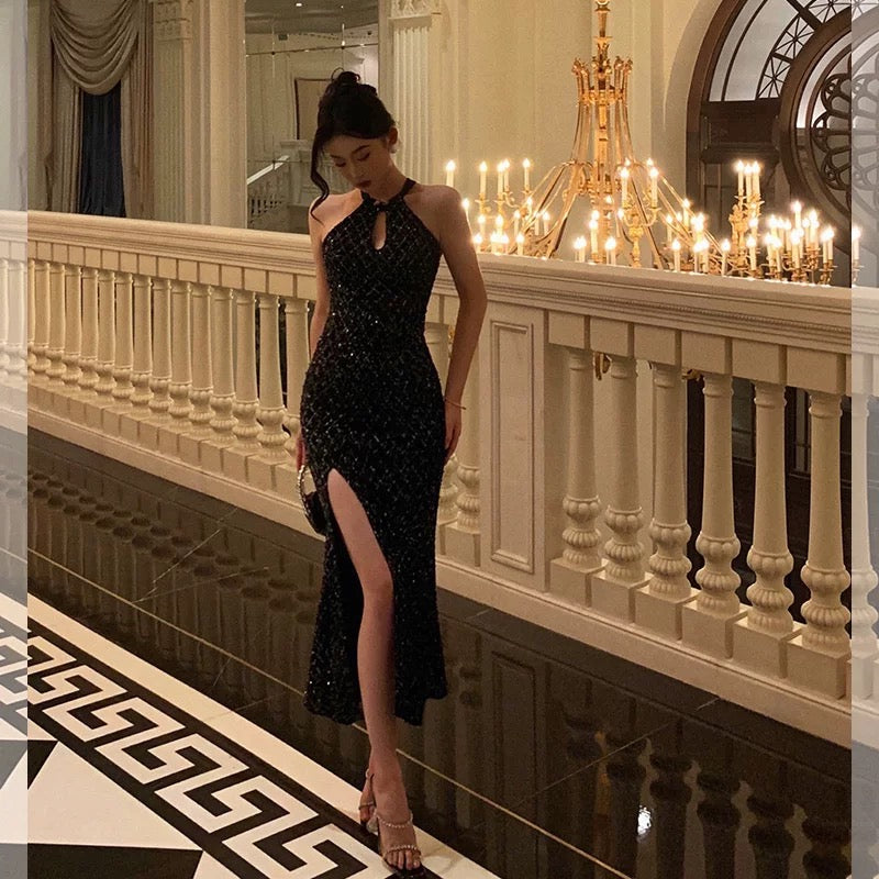 Classy Sheath Halter Sleeveless Black Sequin Prom Dresses Birthday Outfits - View 5 | FashionDia