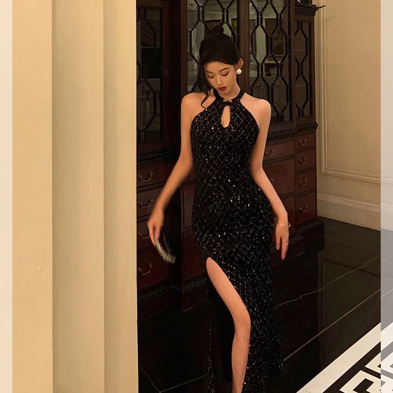 Classy Sheath Halter Sleeveless Black Sequin Prom Dresses Birthday Outfits - View 3 | FashionDia