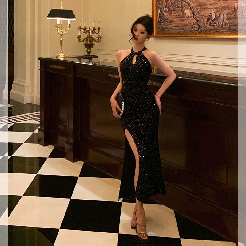 Classy Sheath Halter Sleeveless Black Sequin Prom Dresses Birthday Outfits - View 4 | FashionDia