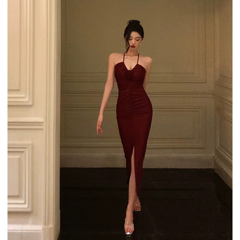 Stunning Sheath Halter Date Night Dress Prom Dresses Red Birthday Party Outfit - FashionDia