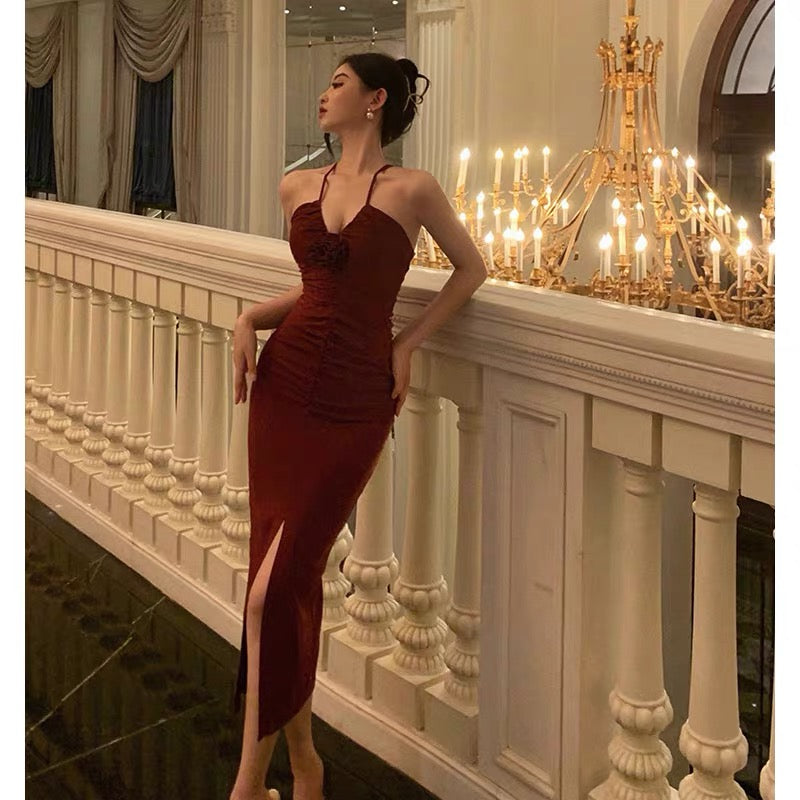 Stunning Sheath Halter Date Night Dress Prom Dresses Red Birthday Party Outfit - View 2 | FashionDia
