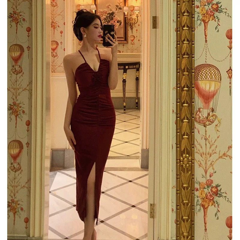 Stunning Sheath Halter Date Night Dress Prom Dresses Red Birthday Party Outfit - View 3 | FashionDia