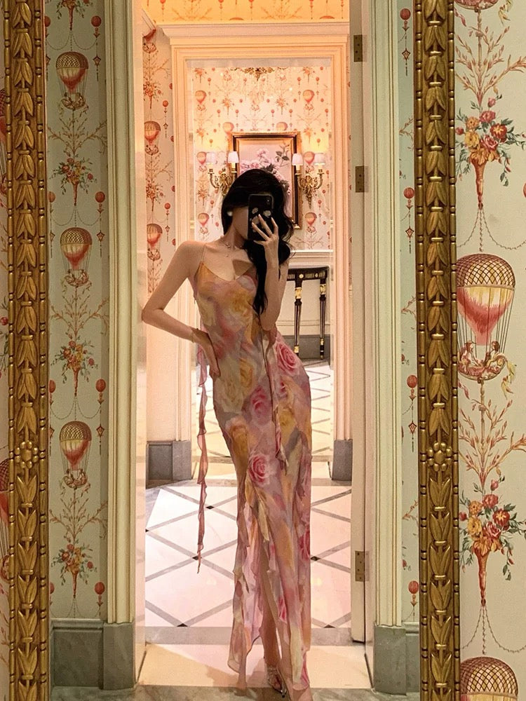 Classy A Line Spaghetti Straps Pink Chiffon Floral Prom Dresses Birthday Outfits Evening Gown