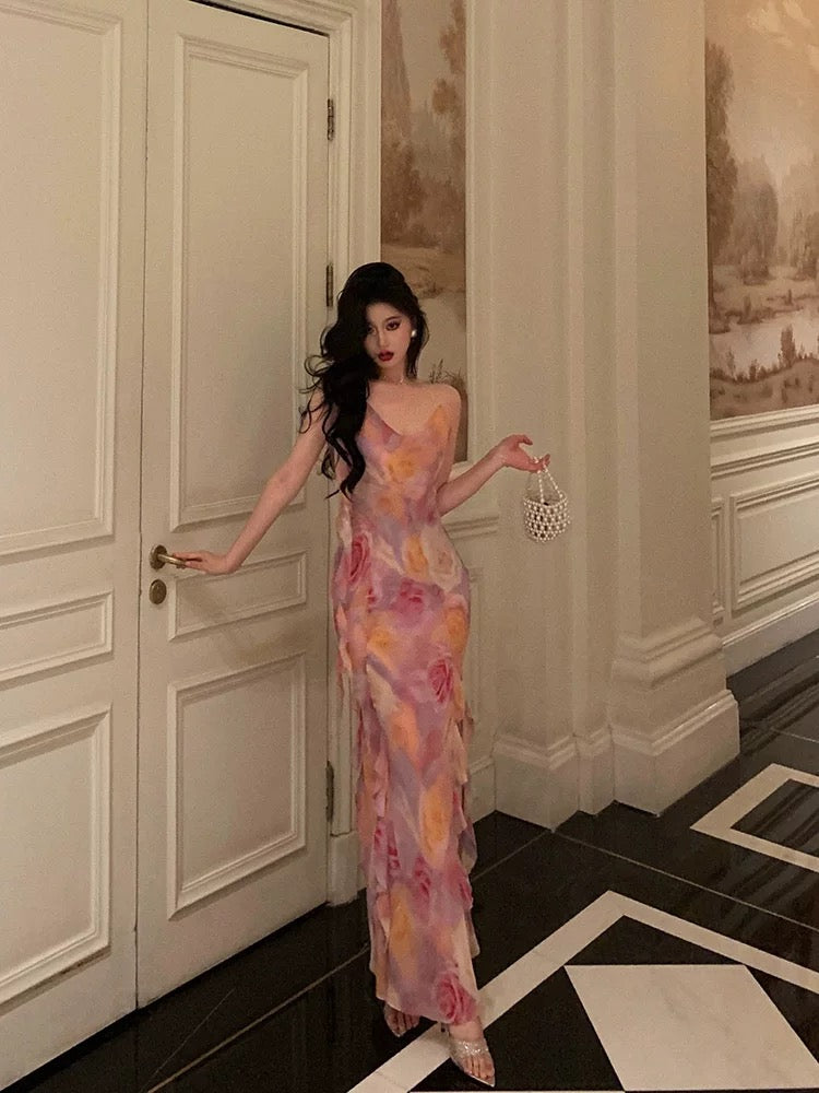 Classy A Line Spaghetti Straps Pink Chiffon Floral Prom Dresses Birthday Outfits Evening Gown