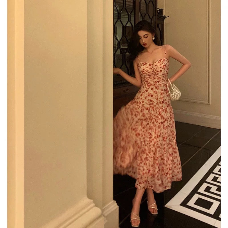 Pretty A-Line Spaghetti Straps Chiffon Floral Sleeveless Date Night Dress Prom Dresses Birthday Party Outfit - View 5 | FashionDia