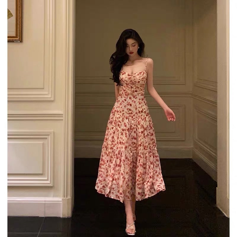 Pretty A-Line Spaghetti Straps Chiffon Floral Sleeveless Date Night Dress Prom Dresses Birthday Party Outfit - FashionDia
