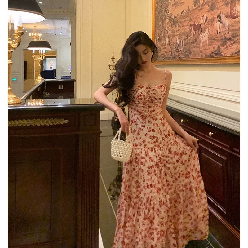 Pretty A-Line Spaghetti Straps Chiffon Floral Sleeveless Date Night Dress Prom Dresses Birthday Party Outfit - View 3 | FashionDia