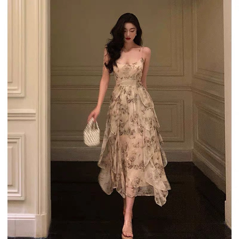 Pretty A-Line Spaghetti Straps Chiffon Floral Sleeveless Date Night Dress Prom Dresses Birthday Party Outfit - FashionDia