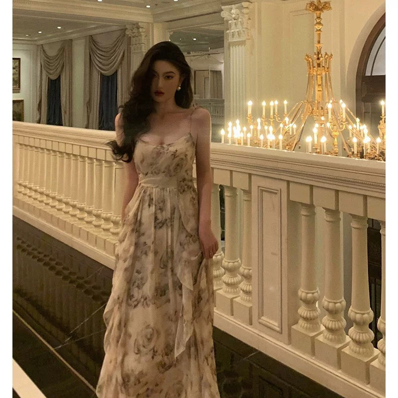 Pretty A-Line Spaghetti Straps Chiffon Floral Sleeveless Date Night Dress Prom Dresses Birthday Party Outfit - View 2 | FashionDia