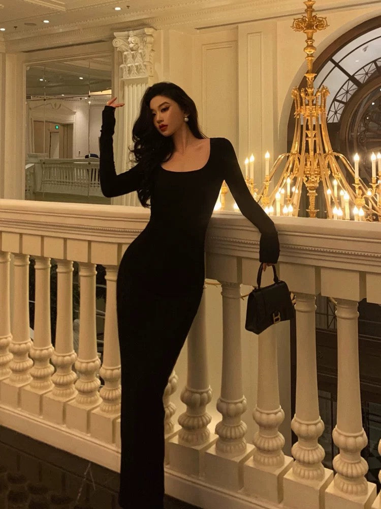 Pretty Sheath Square Neckline Long Sleeves Black Date Night Dress Prom Dresses Birthday Party Outfit - View 5 | FashionDia