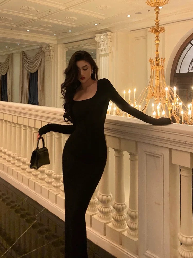Pretty Sheath Square Neckline Long Sleeves Black Date Night Dress Prom Dresses Birthday Party Outfit - View 2 | FashionDia