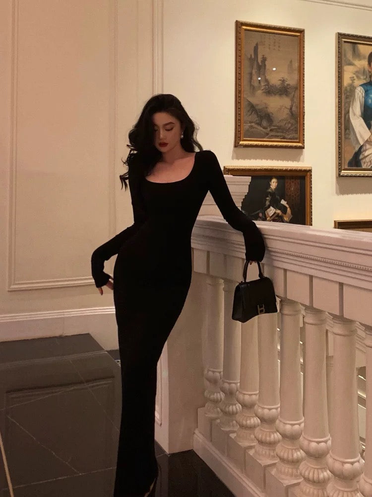 Pretty Sheath Square Neckline Long Sleeves Black Date Night Dress Prom Dresses Birthday Party Outfit - View 4 | FashionDia