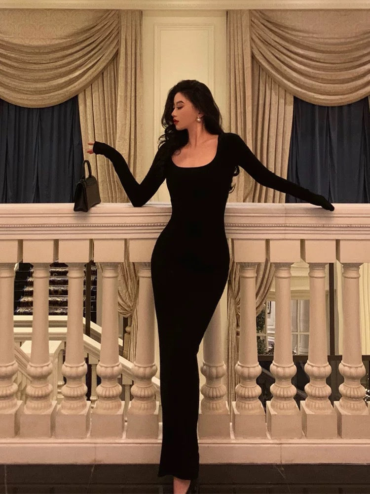 Pretty Sheath Square Neckline Long Sleeves Black Date Night Dress Prom Dresses Birthday Party Outfit - FashionDia