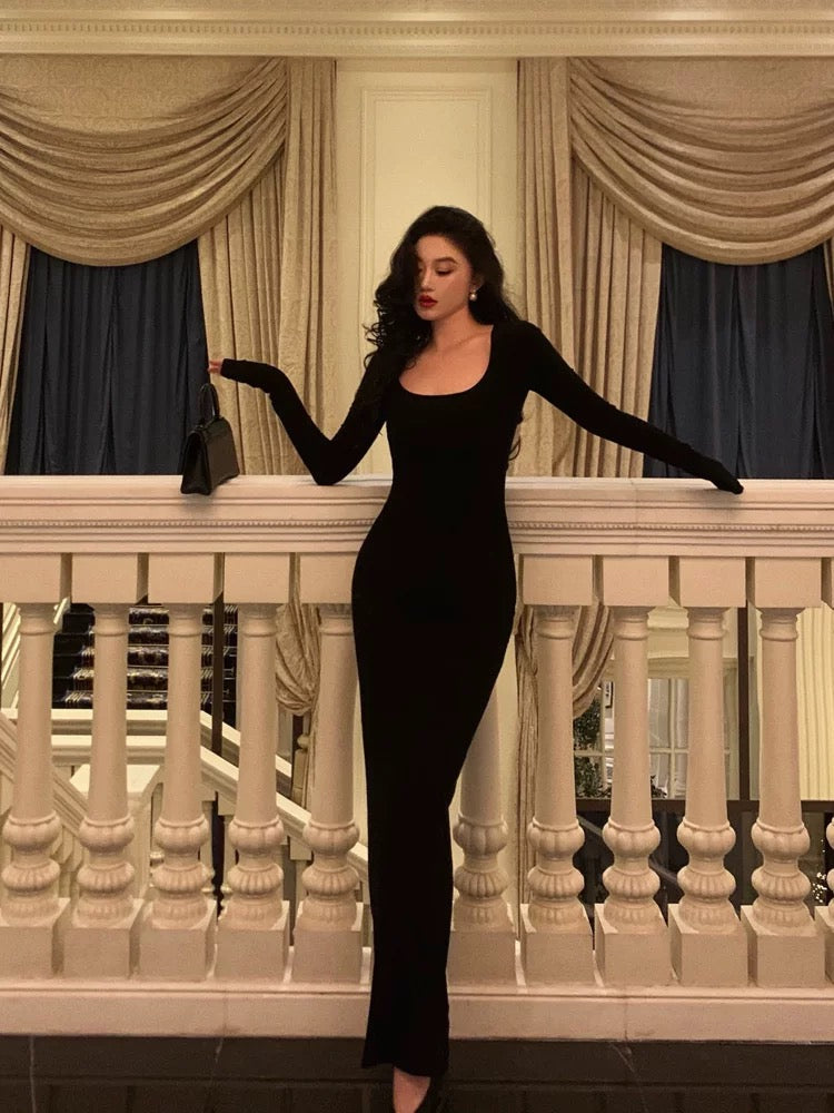 Pretty Sheath Square Neckline Long Sleeves Black Date Night Dress Prom Dresses Birthday Party Outfit - View 3 | FashionDia
