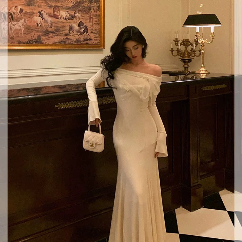 Classy Mermaid Off-the-Shoulder White Ruffles Long Sleeves Prom Dresses Birthday Outfits Evening Gown - View 2 | FashionDia