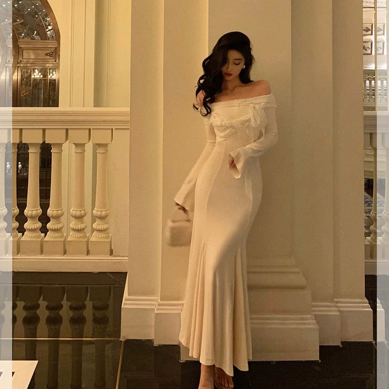 Classy Mermaid Off-the-Shoulder White Ruffles Long Sleeves Prom Dresses Birthday Outfits Evening Gown - View 5 | FashionDia