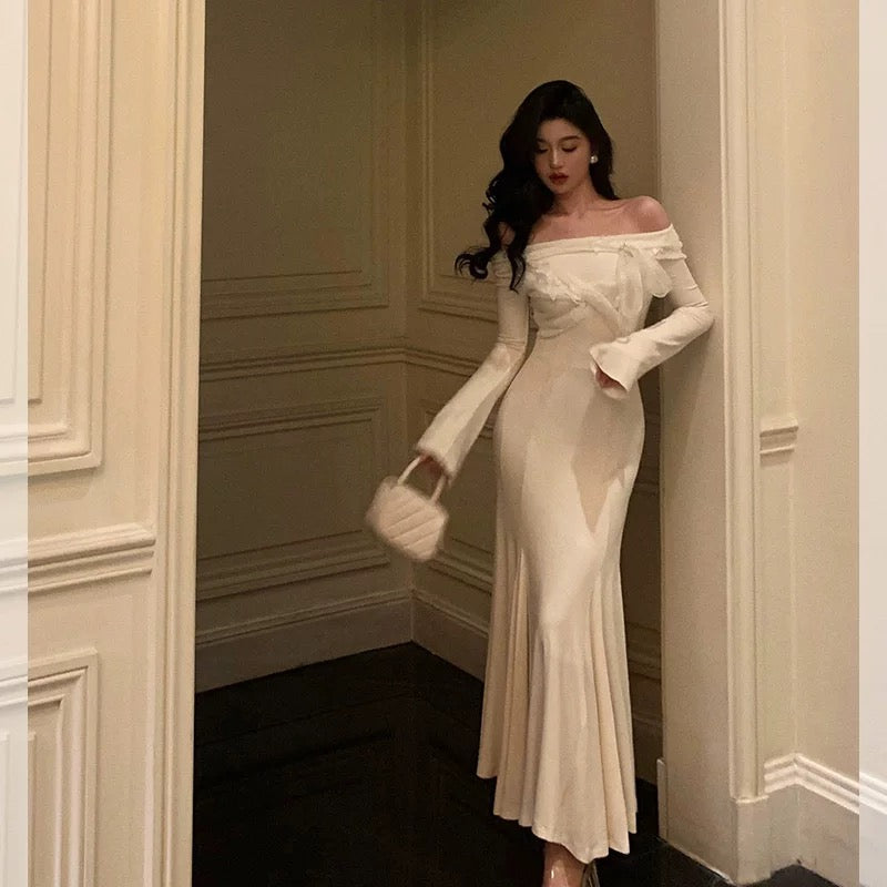Classy Mermaid Off-the-Shoulder White Ruffles Long Sleeves Prom Dresses Birthday Outfits Evening Gown - View 4 | FashionDia