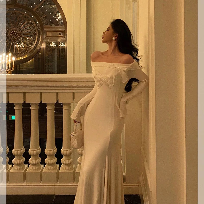 Classy Mermaid Off-the-Shoulder White Ruffles Long Sleeves Prom Dresses Birthday Outfits Evening Gown - View 3 | FashionDia