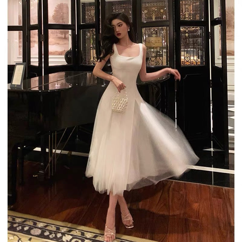 Pretty A-Line Straps White Date Night Dress Tulle Prom Dresses Birthday Party Outfit - FashionDia
