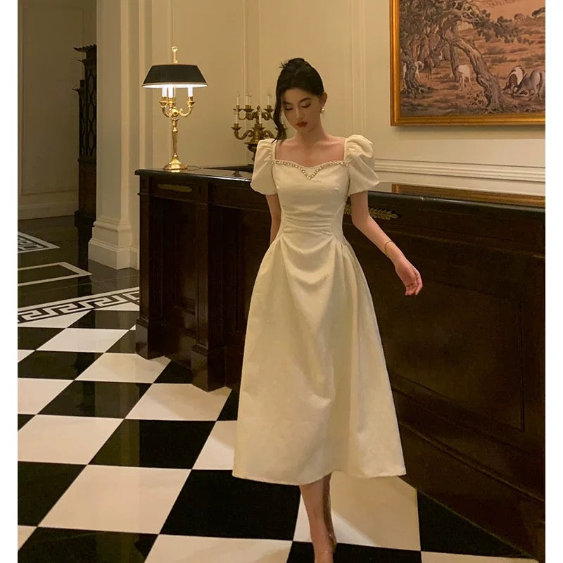 Classy French A-Line Short Sleeves Ivory Satin Prom Dresses Birthday Outfits Evening Gown - View 3 | FashionDia