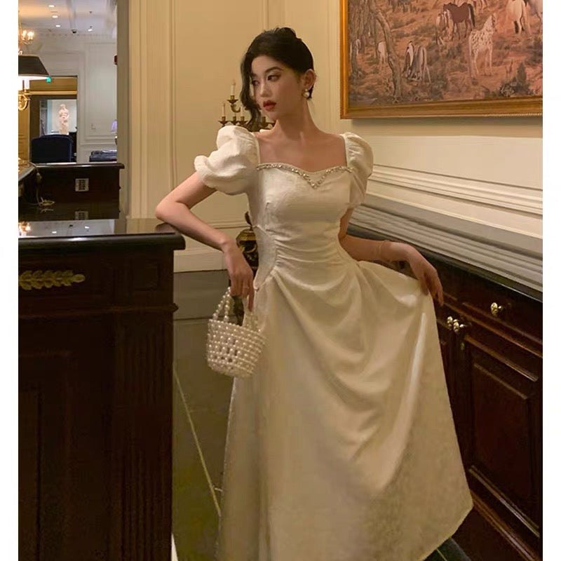 Classy French A-Line Short Sleeves Ivory Satin Prom Dresses Birthday Outfits Evening Gown - View 2 | FashionDia