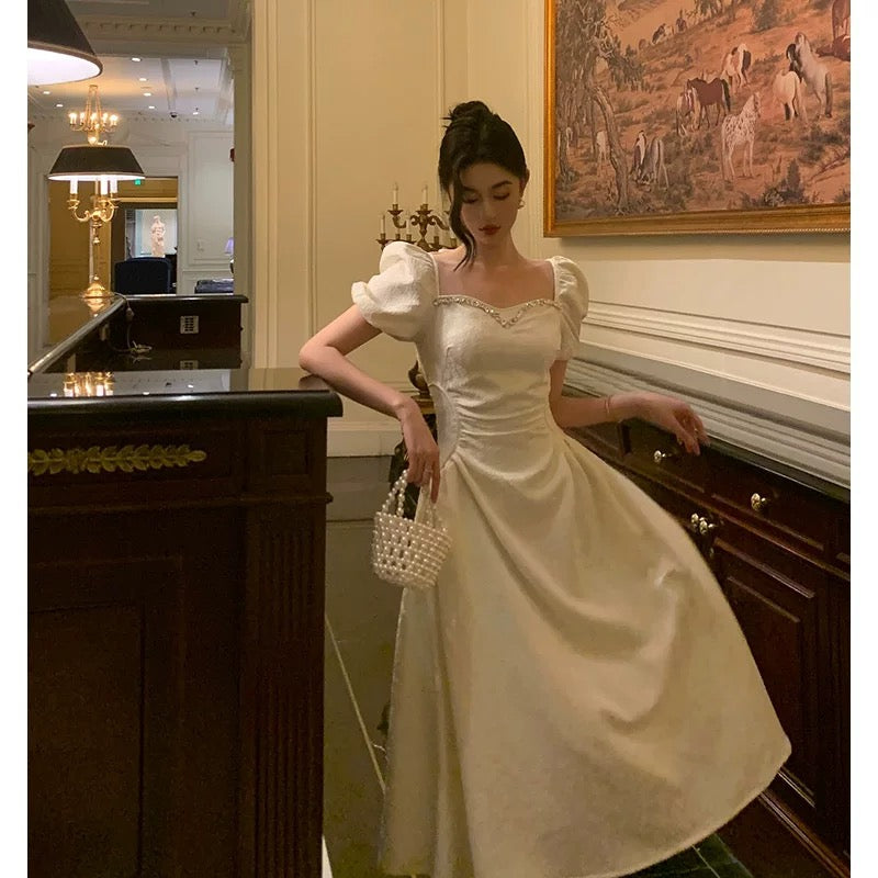 Classy French A-Line Short Sleeves Ivory Satin Prom Dresses Birthday Outfits Evening Gown - View 5 | FashionDia