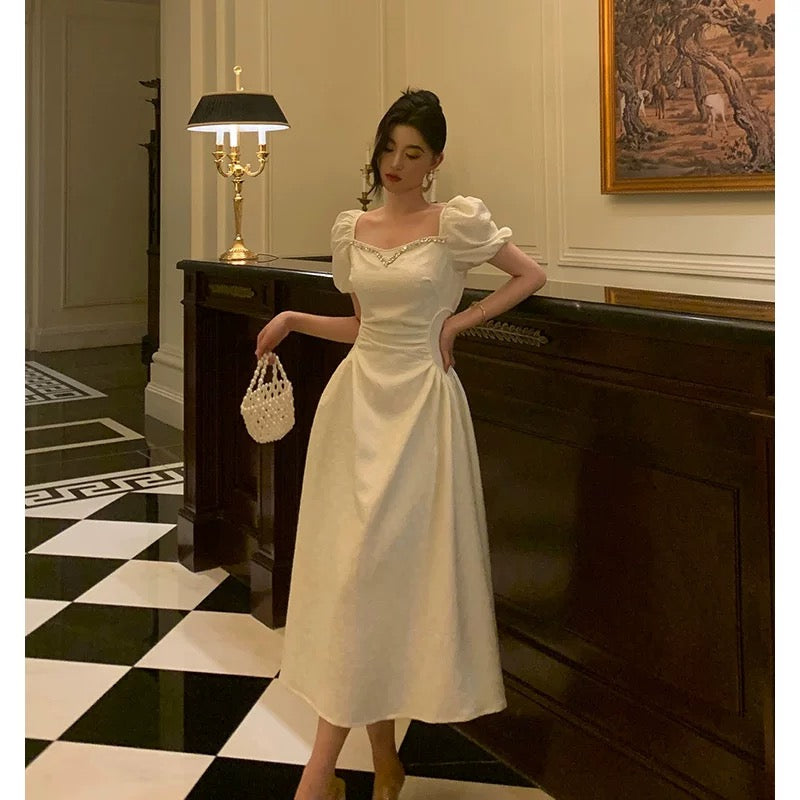 Classy French A-Line Short Sleeves Ivory Satin Prom Dresses Birthday Outfits Evening Gown - View 4 | FashionDia