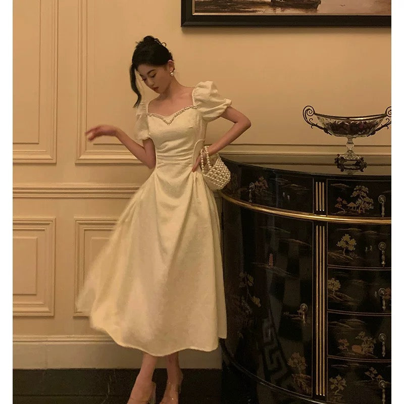 Classy French A-Line Short Sleeves Ivory Satin Prom Dresses Birthday Outfits Evening Gown - FashionDia