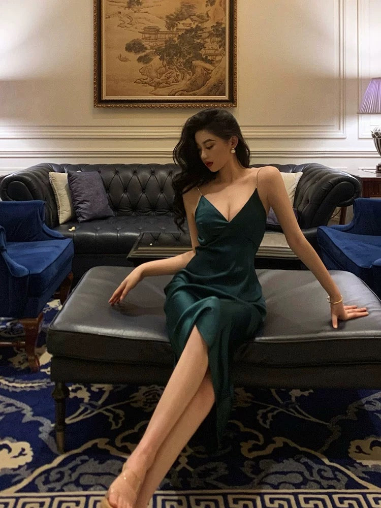 Classy Sheath Spaghetti Straps Dark Green Satin Prom Dresses Birthday Outfits Evening Gown - View 4 | FashionDia