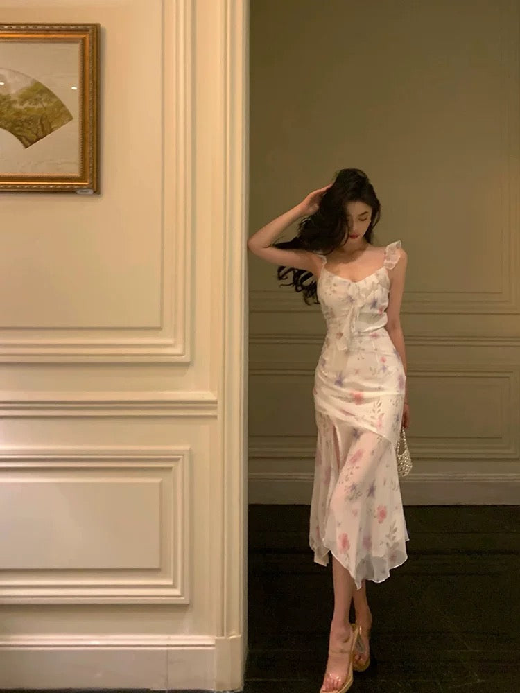 Classy A-Line Straps Pink Floral Chiffon Prom Dresses Birthday Outfits Evening Gown - View 3 | FashionDia
