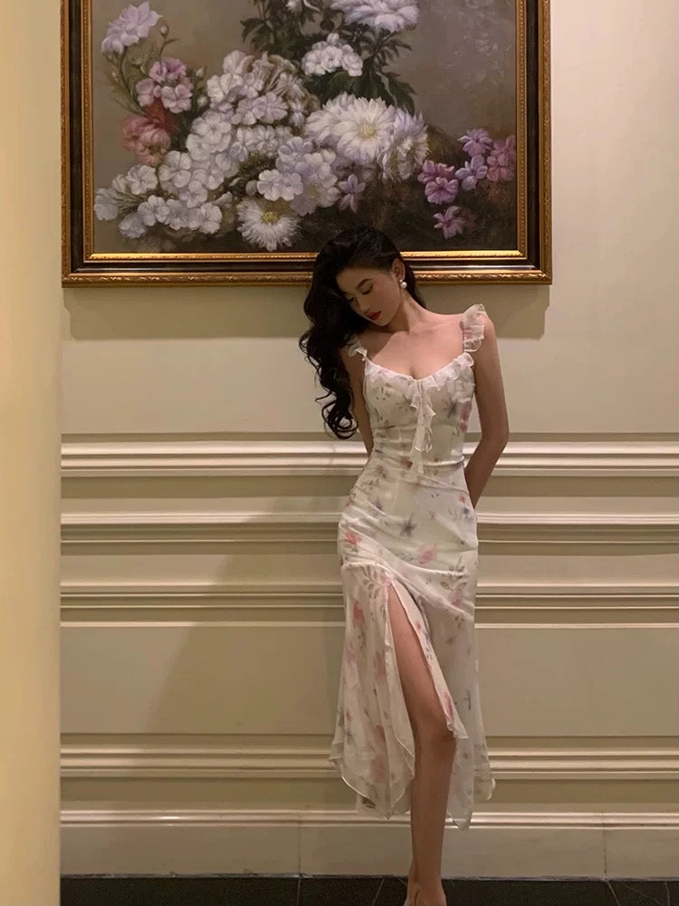 Classy A-Line Straps Pink Floral Chiffon Prom Dresses Birthday Outfits Evening Gown - View 4 | FashionDia